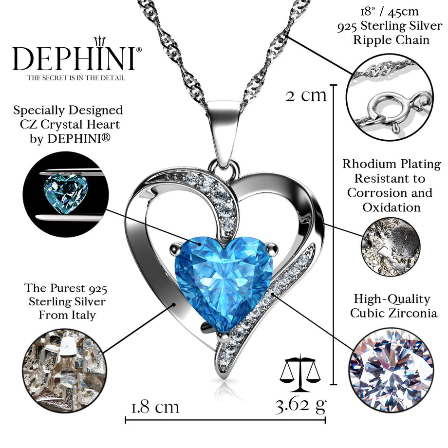 最先端 DEPHINI 925 Heart Necklace 925 Heart Aqua Sterling Silver with  Sterling Branded CZ Aqua CZ Crystal Pe
